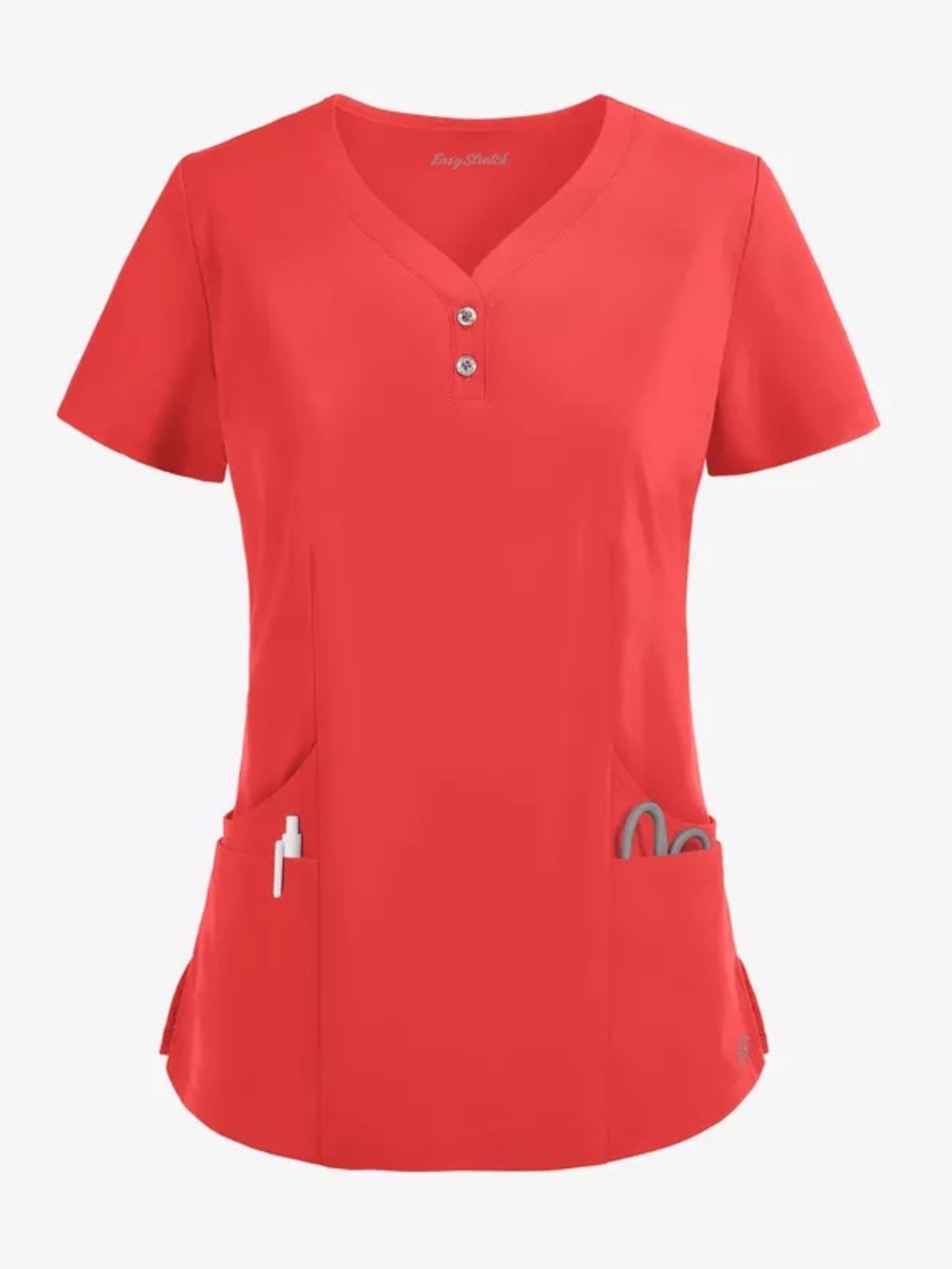 Easy STRETCH Women’s Demi 4-Pocket Henley Atomic Red Scrub Top EUC